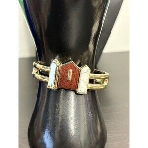 Vintage Gold Tone Cuff Bangle Bracelet Enamel Church Steeple Religious Unique